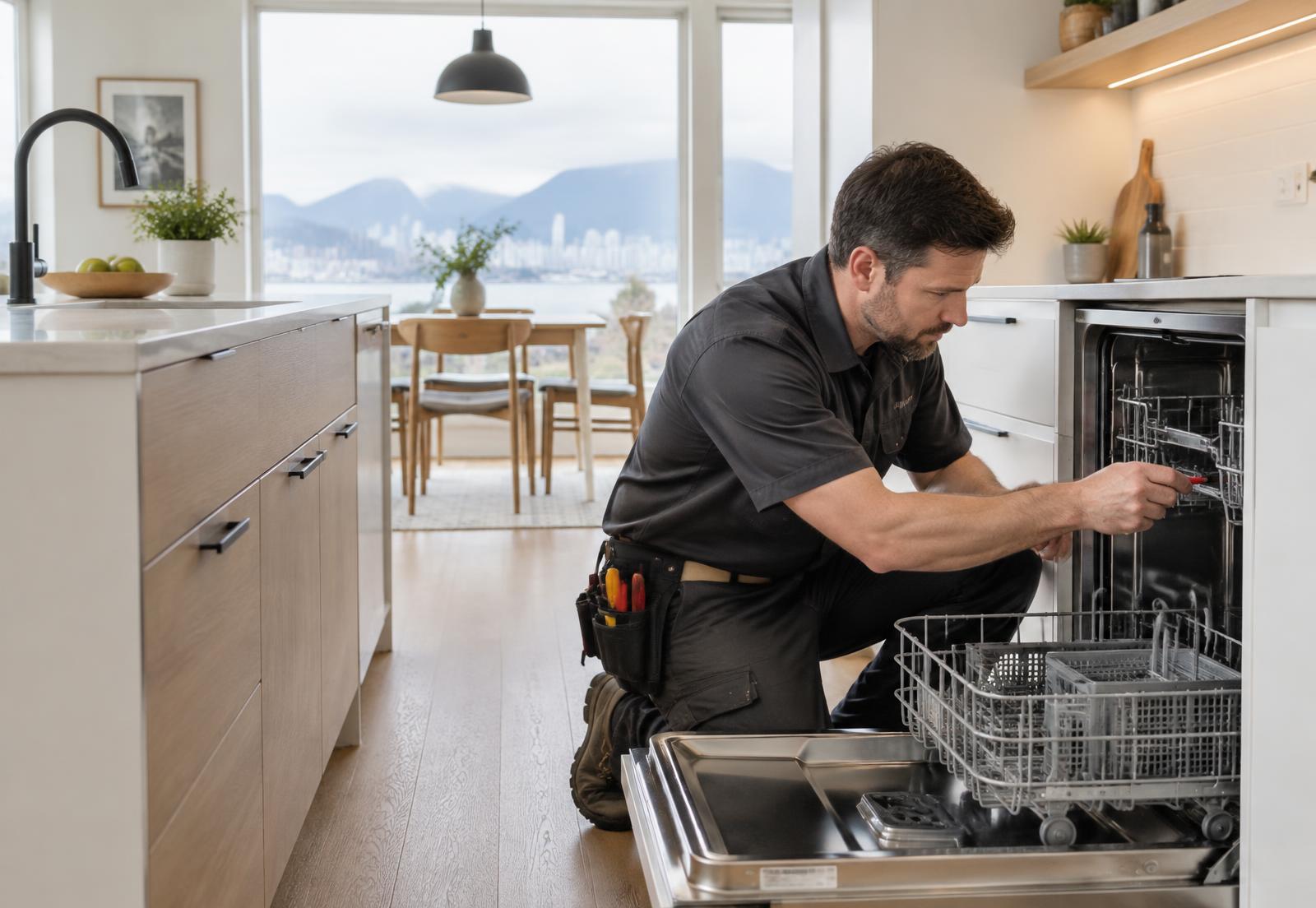 Appliance technician repairing a dishwasher in a Vancouver home