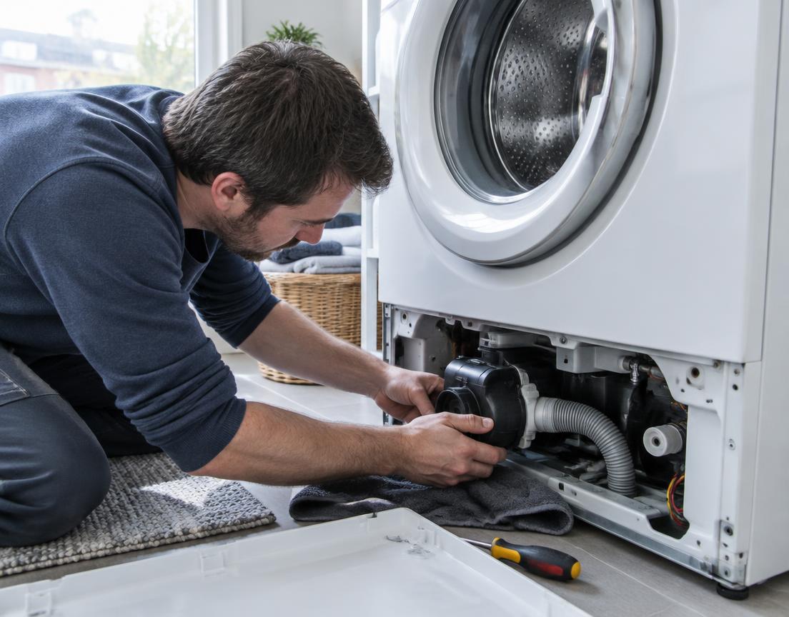 Technician repairing a washing machine pump